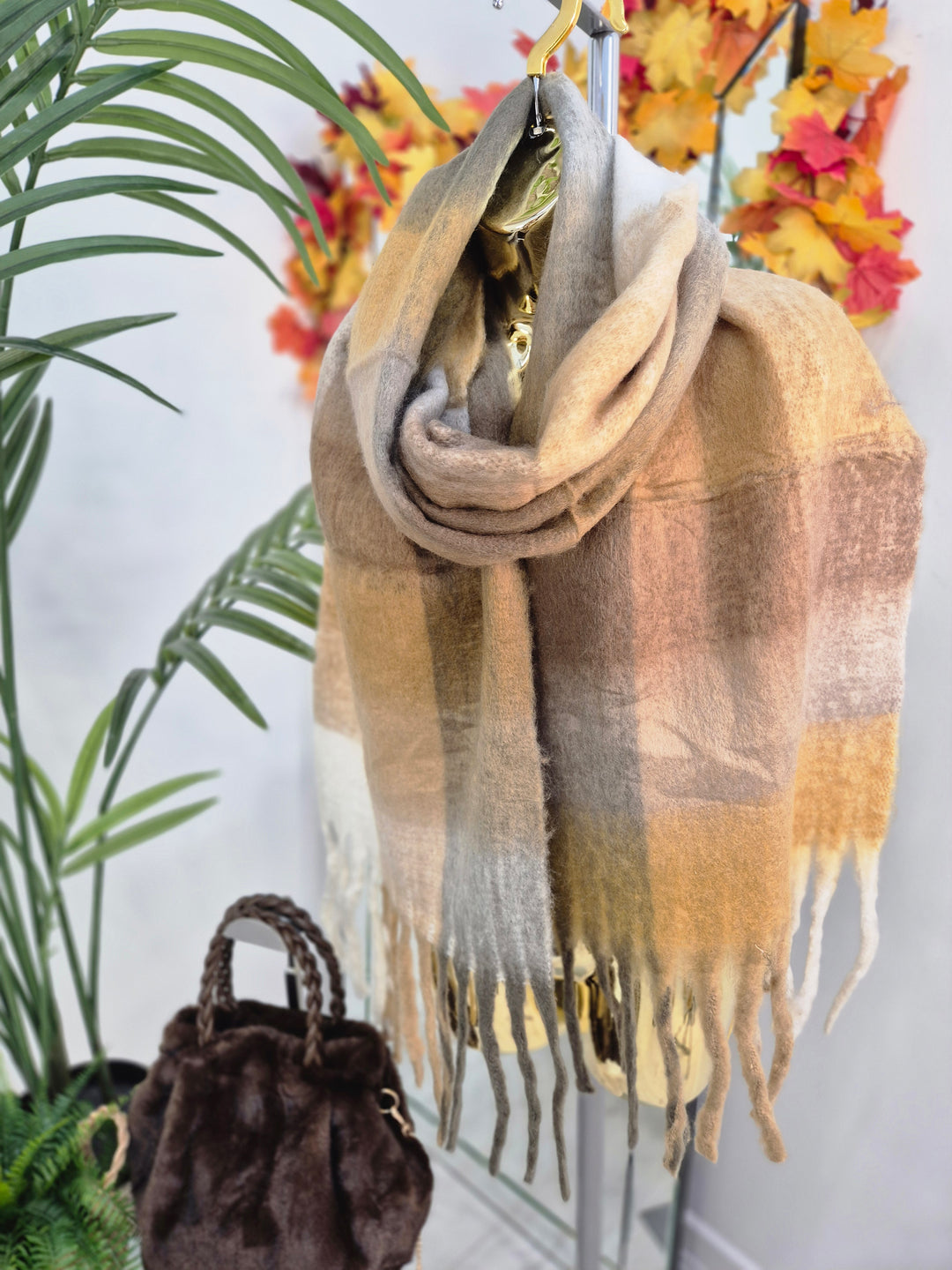 Checked Scarf with Fringing - Chocolate Multi