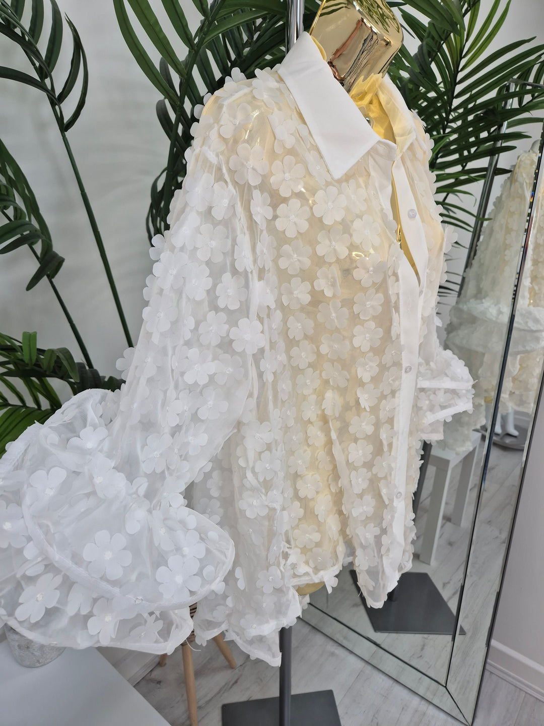Alba Daisy Double Fluted Sleeve Blouse - White (Oversized)