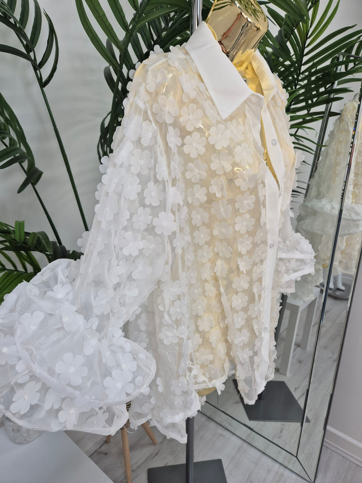 Alba Daisy Double Fluted Sleeve Blouse - White (Oversized)