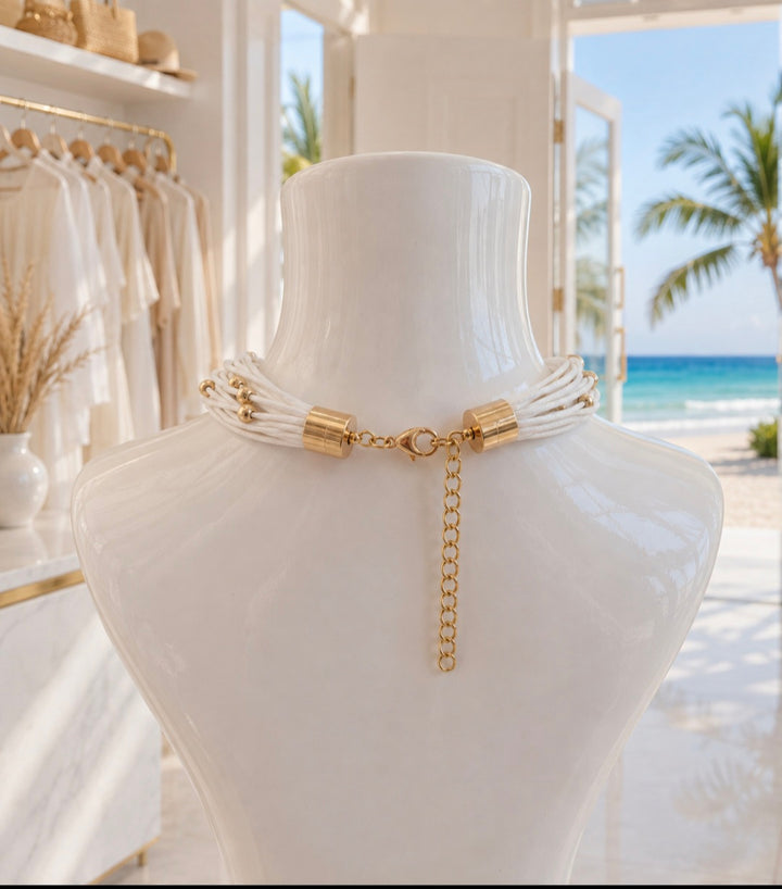Statement Necklace - Multi Stranded with Gold Tone Beads - White/Gold