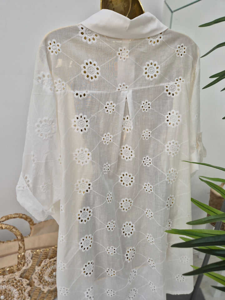 Zeta Otto Broderie Anglaise Blouse with Crystals - White (Oversized)