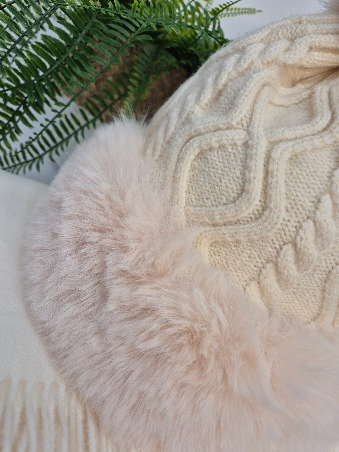 Oslo Faux Fur Pom Pom Cable Hat & Soft Feel Brushed Tassel Scarf Bundle - Cream