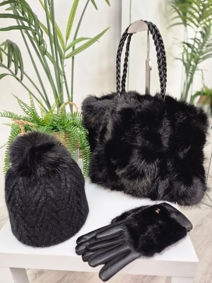 Oslo Fur Fur Pom Pom Hat with Gold Metallic Thread - Black