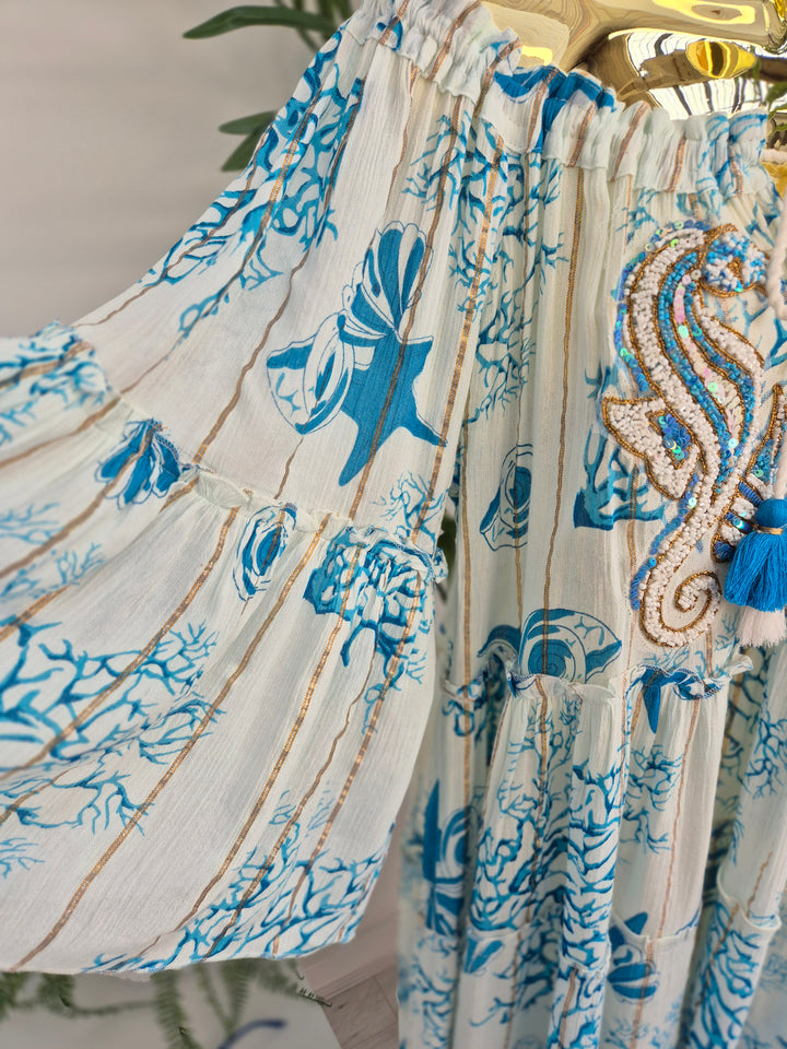 Seahorses Beaded Bardot Dress - Aqua (Oversized)