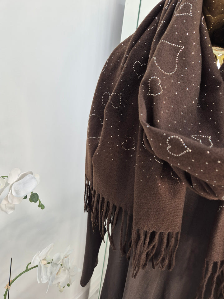 Sparkly Hearts Oversized Fringed Scarf - Chocolate