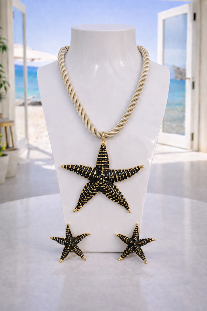 Starfish Necklace & Earrings Set (Gold Tone) - Black