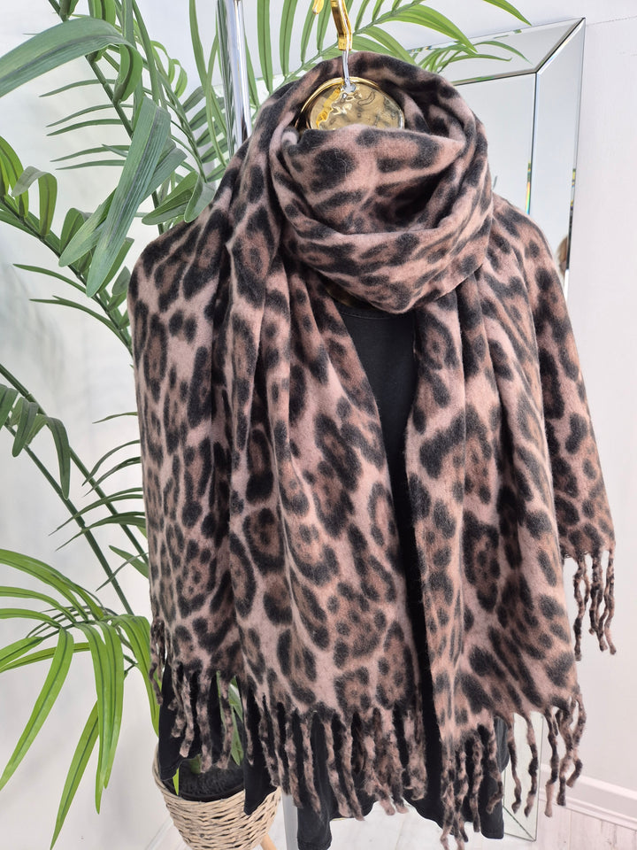 Chocolate Leopard Soft Touch Oversized Fringed Scarf