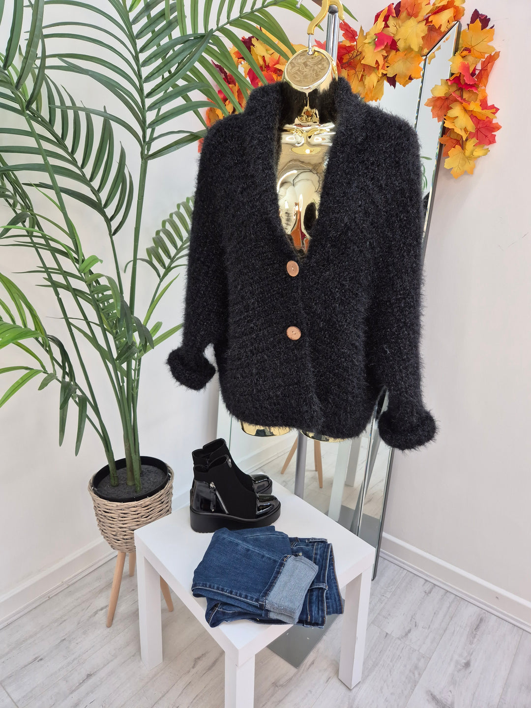 Finley Fluffy Cardigan  - Black (One Size - fits up to Size 14/16)