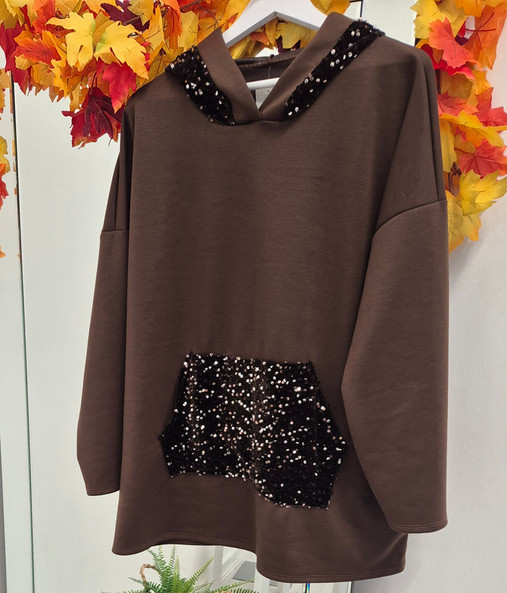 Sparkly Oversized Hoodie with Kangaroo Pockets - Chocolate (One Size/Curvy, fits from Size 12 up to  Size  18/20)