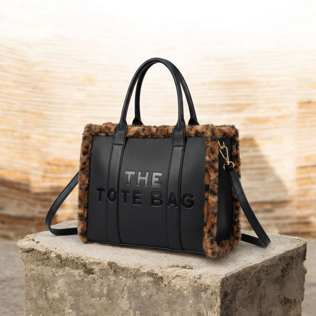 Oslo Tote Bag - Black with Chocolate Leopard Faux Fur (Large Size)