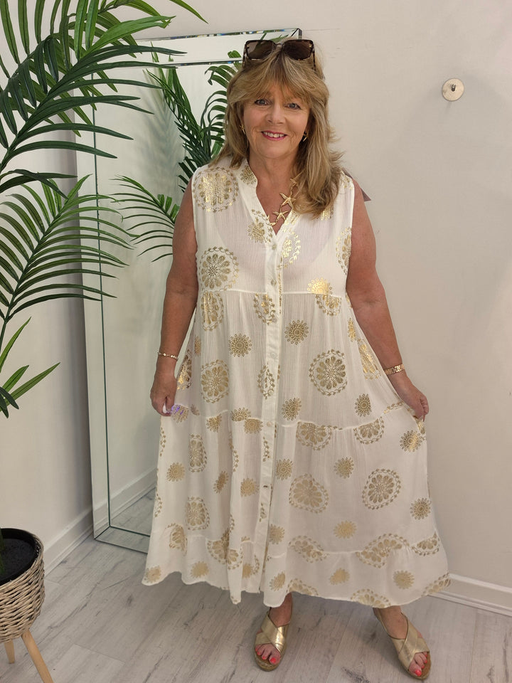 Ibiza Floral Midi Sleeveless Dress - White/Gold - (Loose Fit)