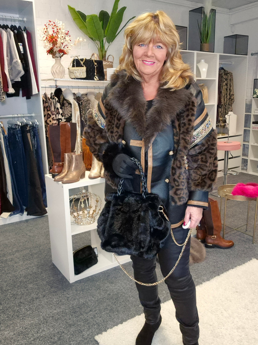 Oslo Faux Fur/Faux Leather Jacket - Chocolate Leopard - (Oversized fits Size 14 to Size 16/18)