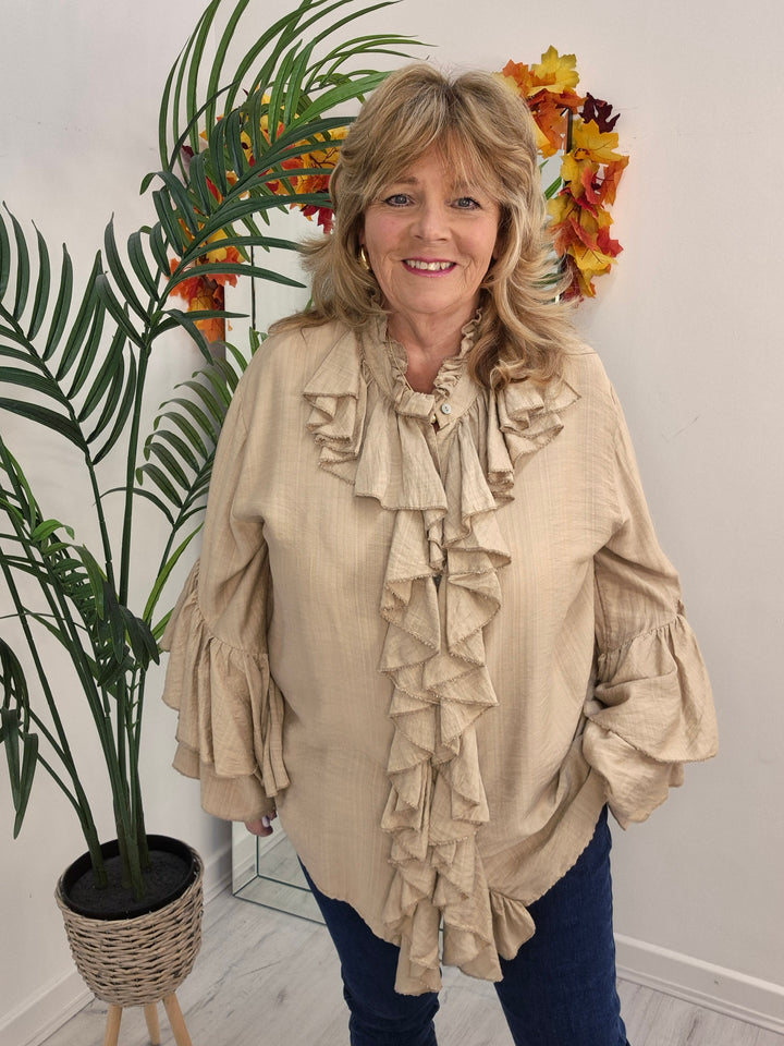 Rhea Ruffle Blouse - (One Size, fits from Size 14 up to Size 18/20) - Champagne