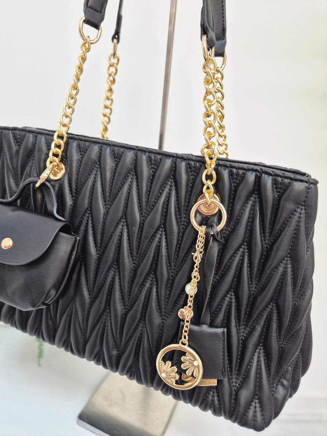 Alexis Quilted Faux Leather Bag with Charms - Black