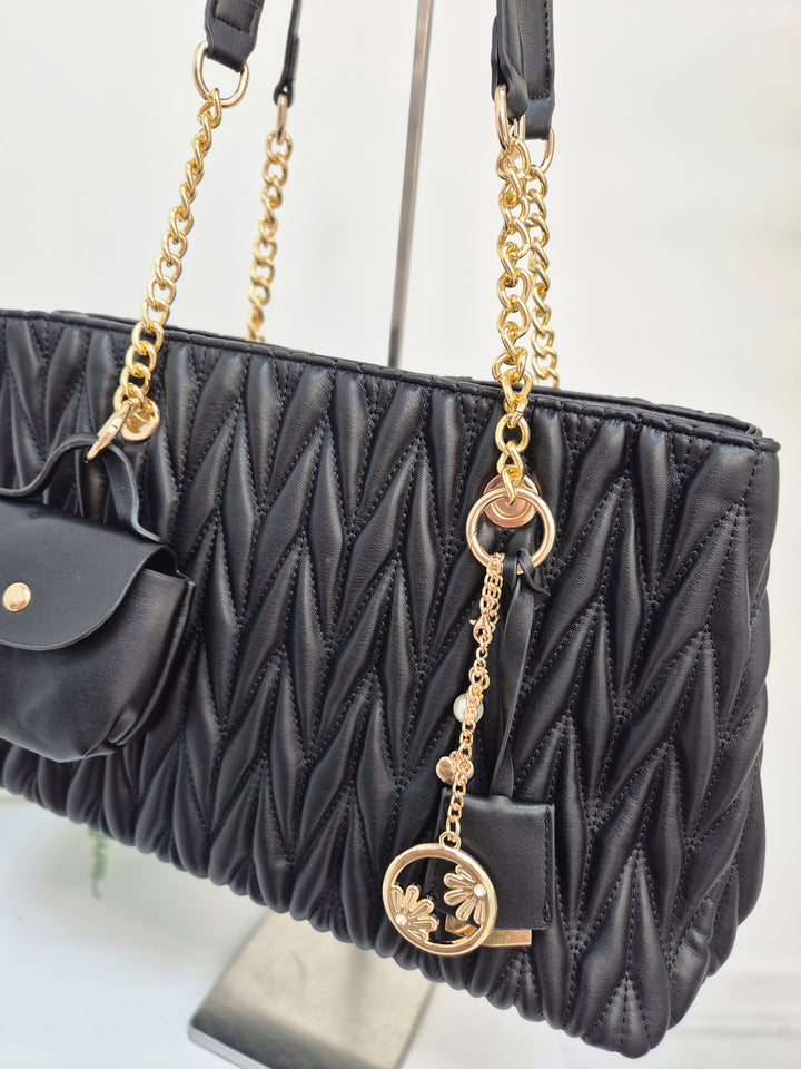 Alexis Quilted Faux Leather Bag with Charms - Black