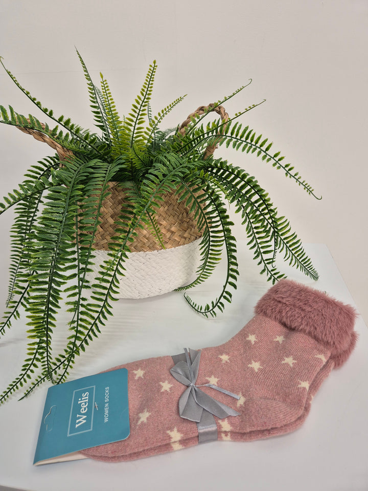 Oslo Cosy Fluffy Fur Fur Soft Socks - (Pink Stars)