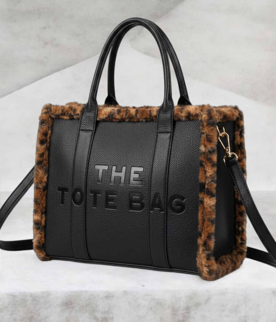 Oslo Tote Bag - Black with Chocolate Leopard Faux Fur (Large Size)
