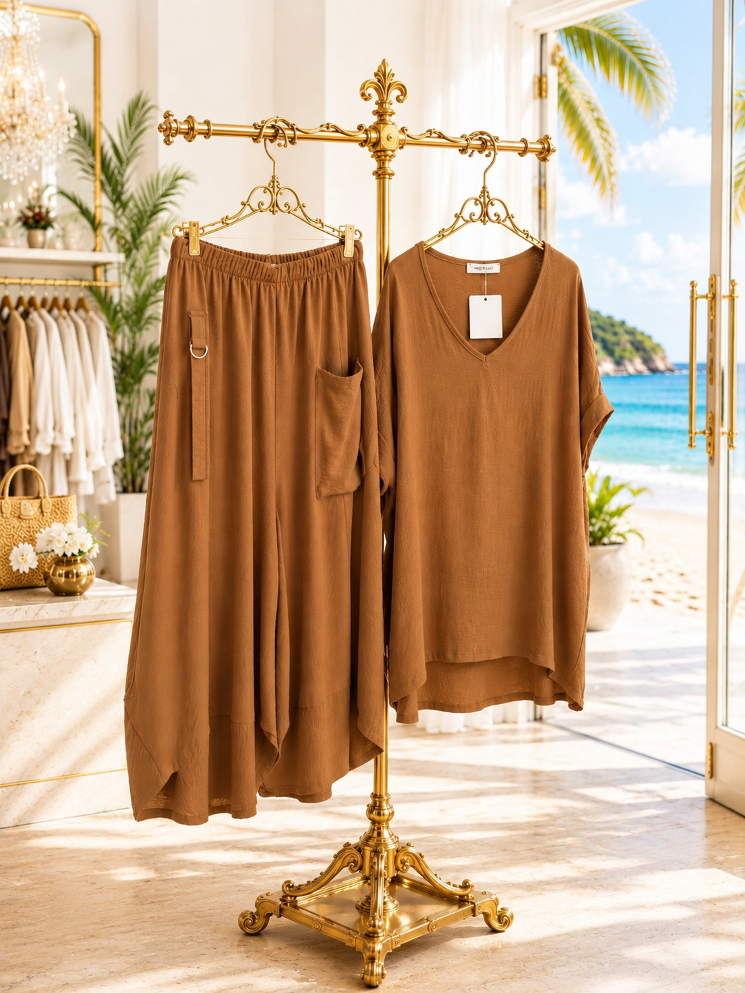 Hannah 2 Piece Cocoon Co-ord Set - Black (One Size/Curvy, fits Size 12/14 up to Size 18) Caramel