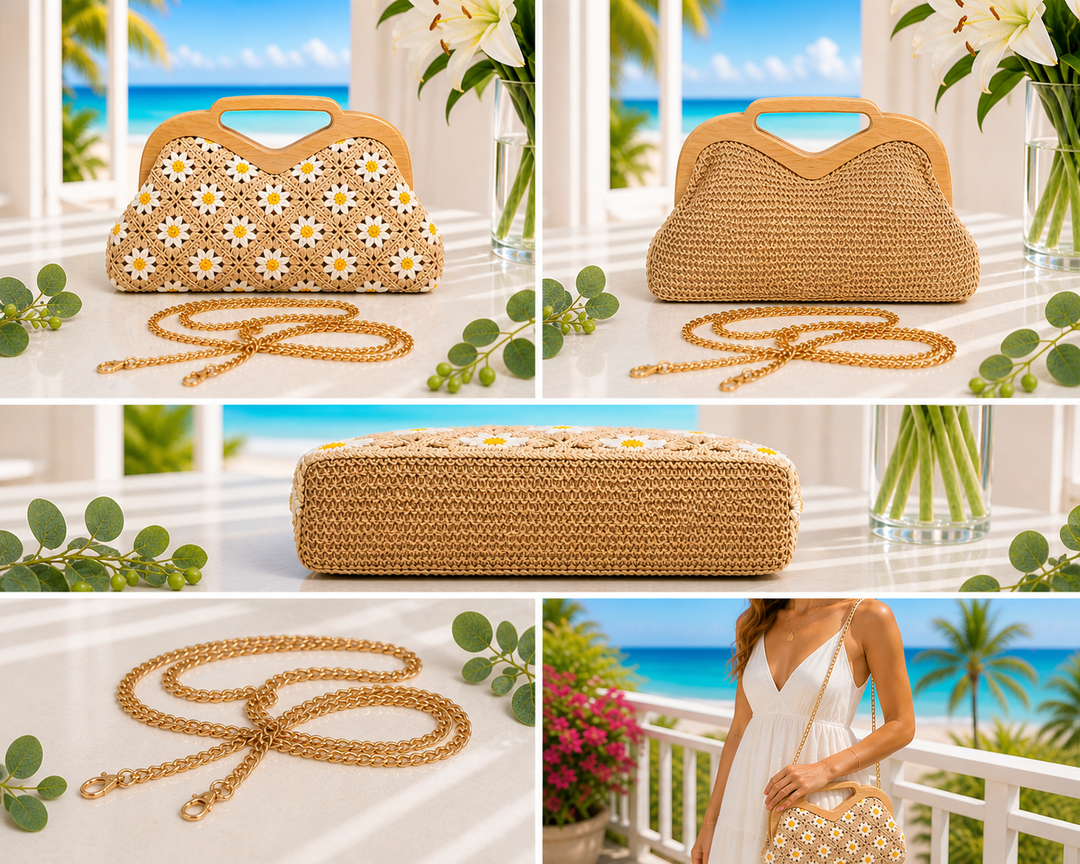 Daisy Crochet Bag (Clutch or Crossbody) with Gold Chain - Natural