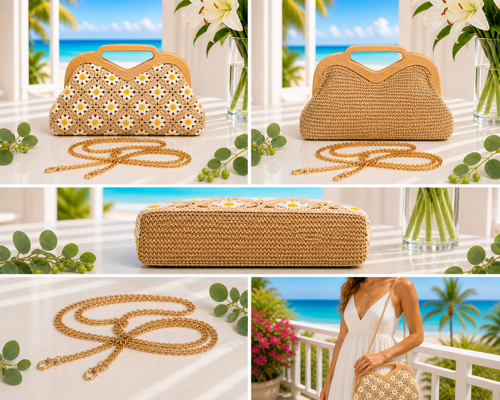 Daisy Crochet Bag (Clutch or Crossbody) with Gold Chain - Natural