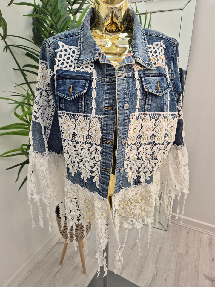Elle Lace Tassel Denim Jacket - Mid Stonewashed (One Size, fitting from Size 10 up to 14)