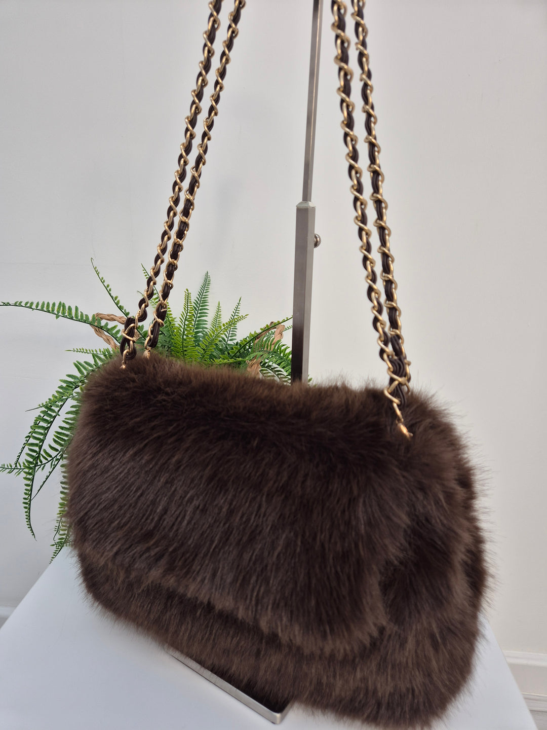 Oslo Faux Fur Bag with Gold Chain Link Dual Handles - Chocolate