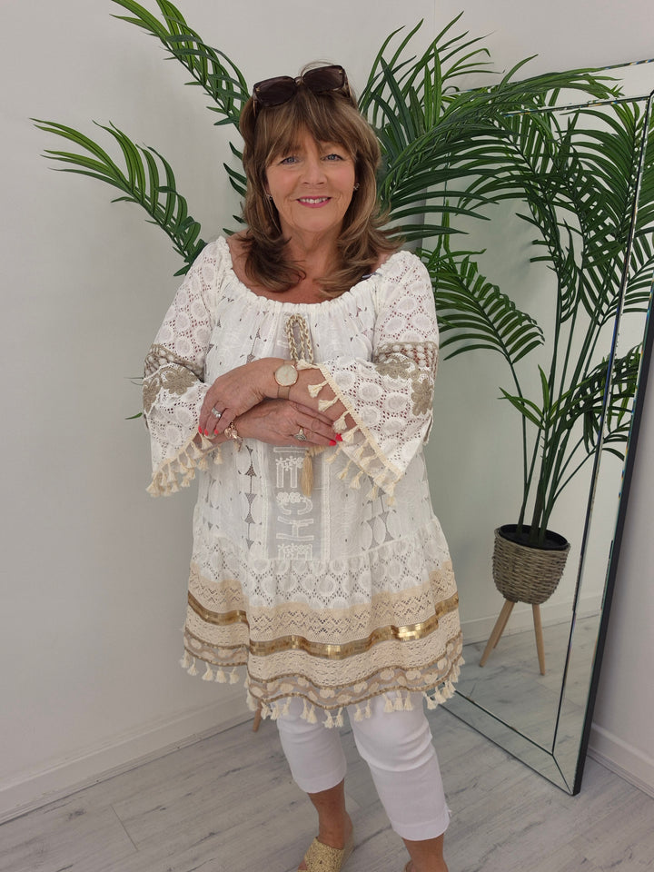 Ibiza Bardot Kaftan/Beach Dress - White/Gold - (Oversized)