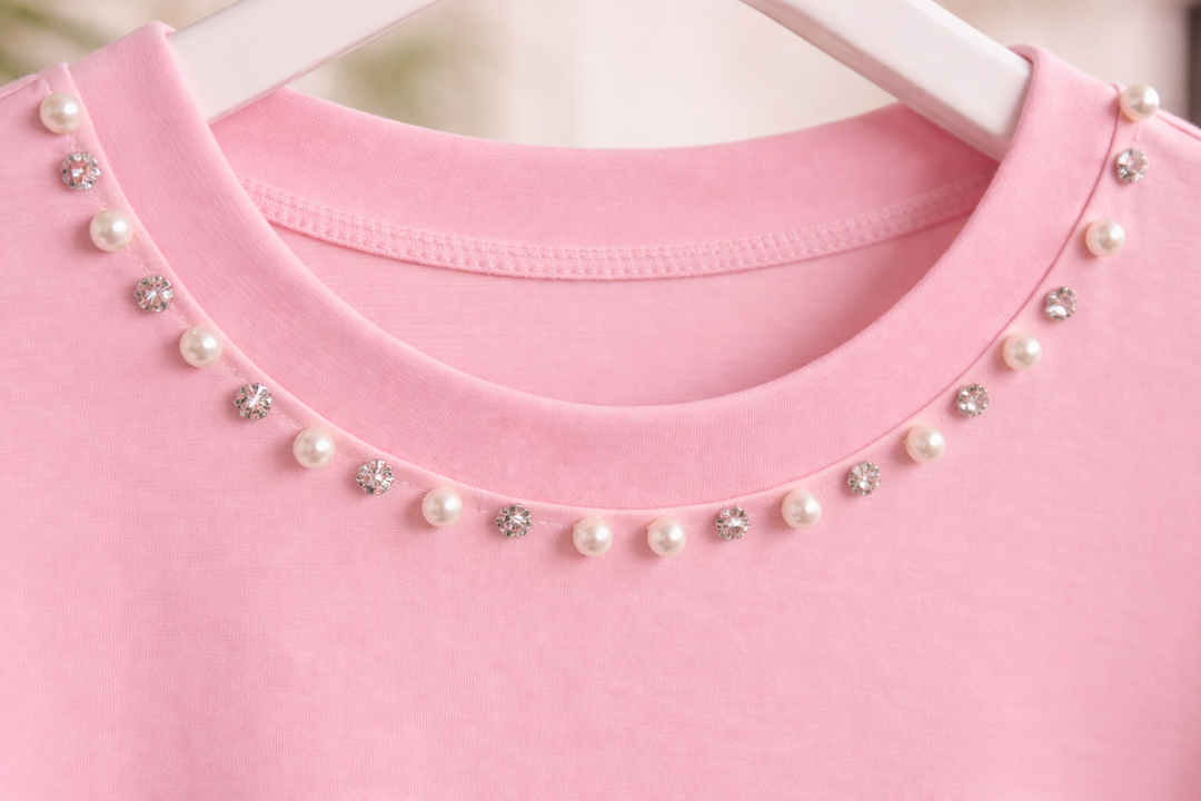 Crystal & Pearl Oversized Tee Shirt  - Pink (One Size/Curvy, fits Size 14 to Size 18)