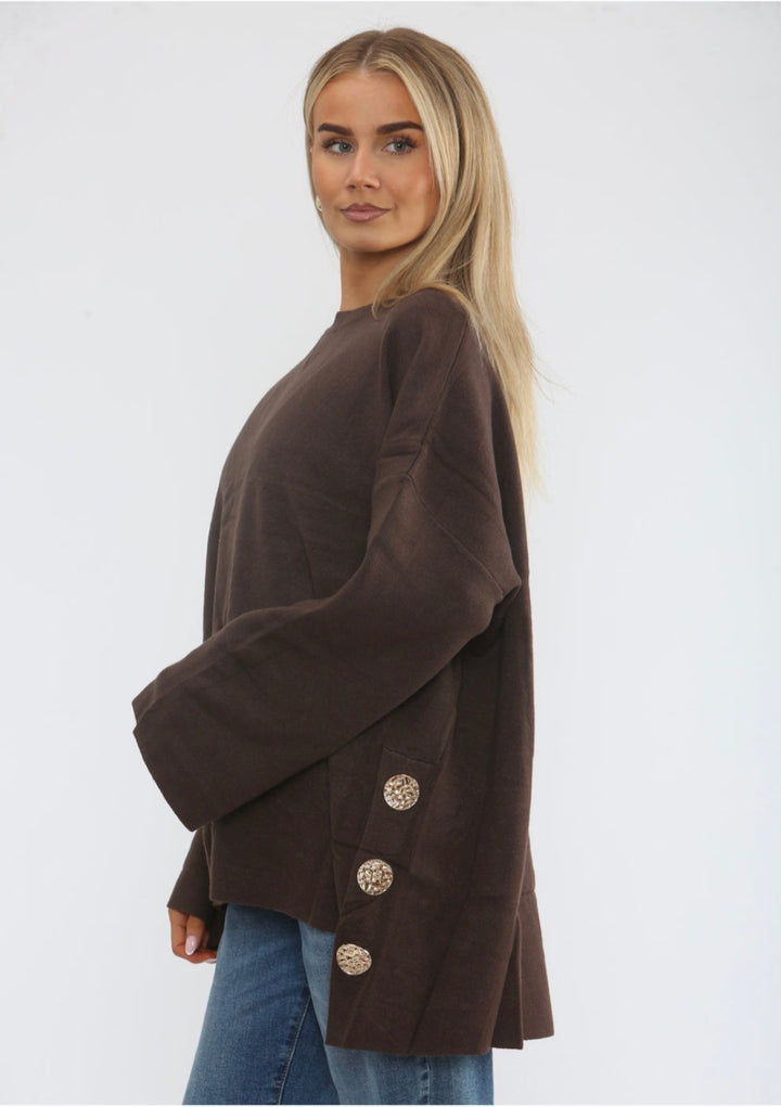Hammersmith Buttoned Hi Lo Oversized Jumper - Chocolate (One Size/Curvy, fits from Size 14 up to Size 18)