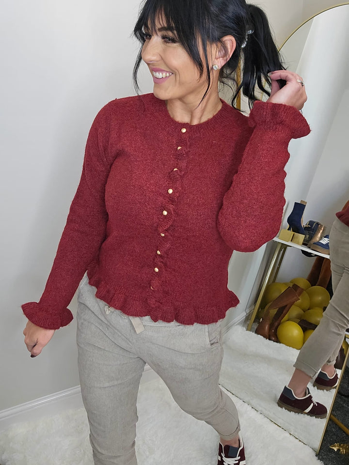 Anna Frilled Cardigan (One Size from Size 8 up to Size 14) - Wine