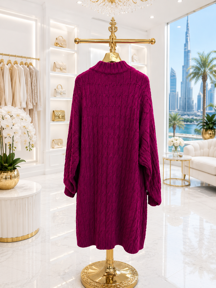 Kensington Longline Cable Knit Cardigan - Berry (One Size)