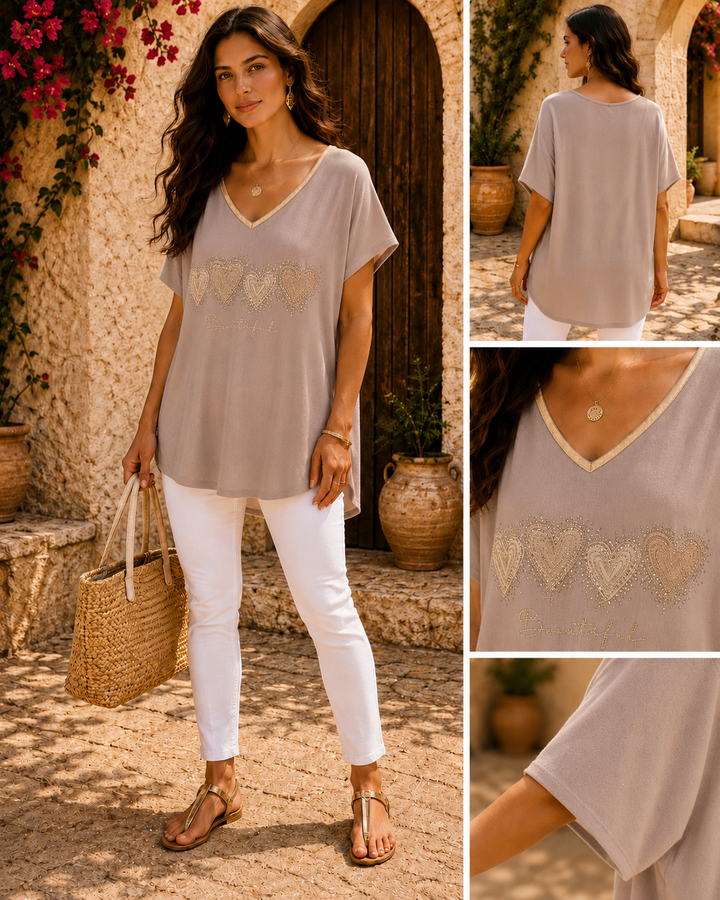 Hearts Top 'Beautiful' Oversized Top - (One Size, Size 12 up to Size 16) - Taupe/Gold