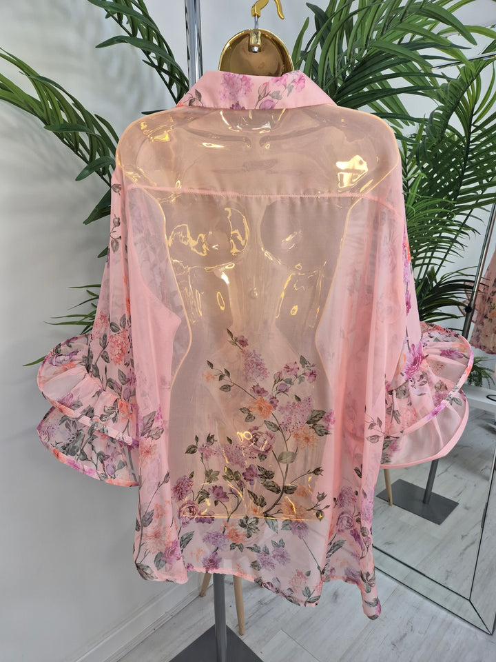 Alba Floral Chiffon Double Fluted Sleeve Blouse - (choose your Colour) - (Oversized)