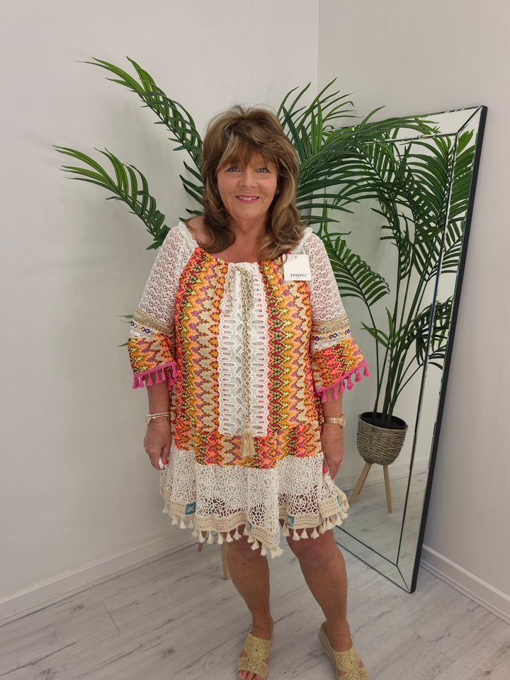 Trinidad Bardot Kaftan/Beach Dress - White/Multi (Oversized)