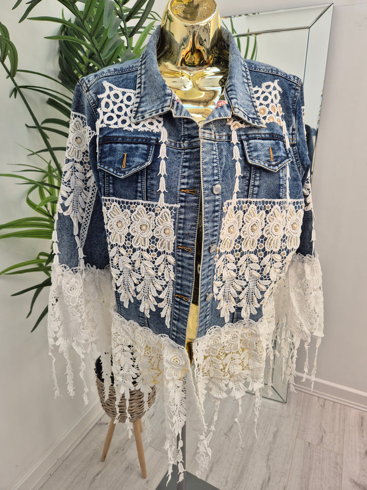 Elle Lace Tassel Denim Jacket - Mid Stonewashed (One Size, fitting from Size 10 up to 14)