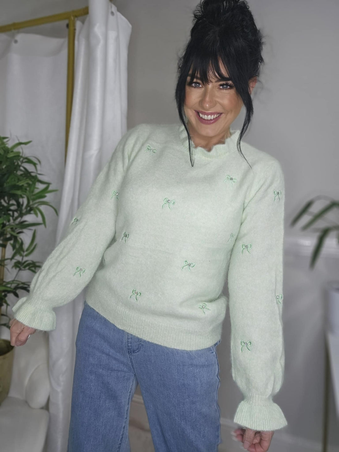 Bonnie Crystal Bow Jumper with Ruffles - (One Size from Size 8 up to Size 16) - Lime