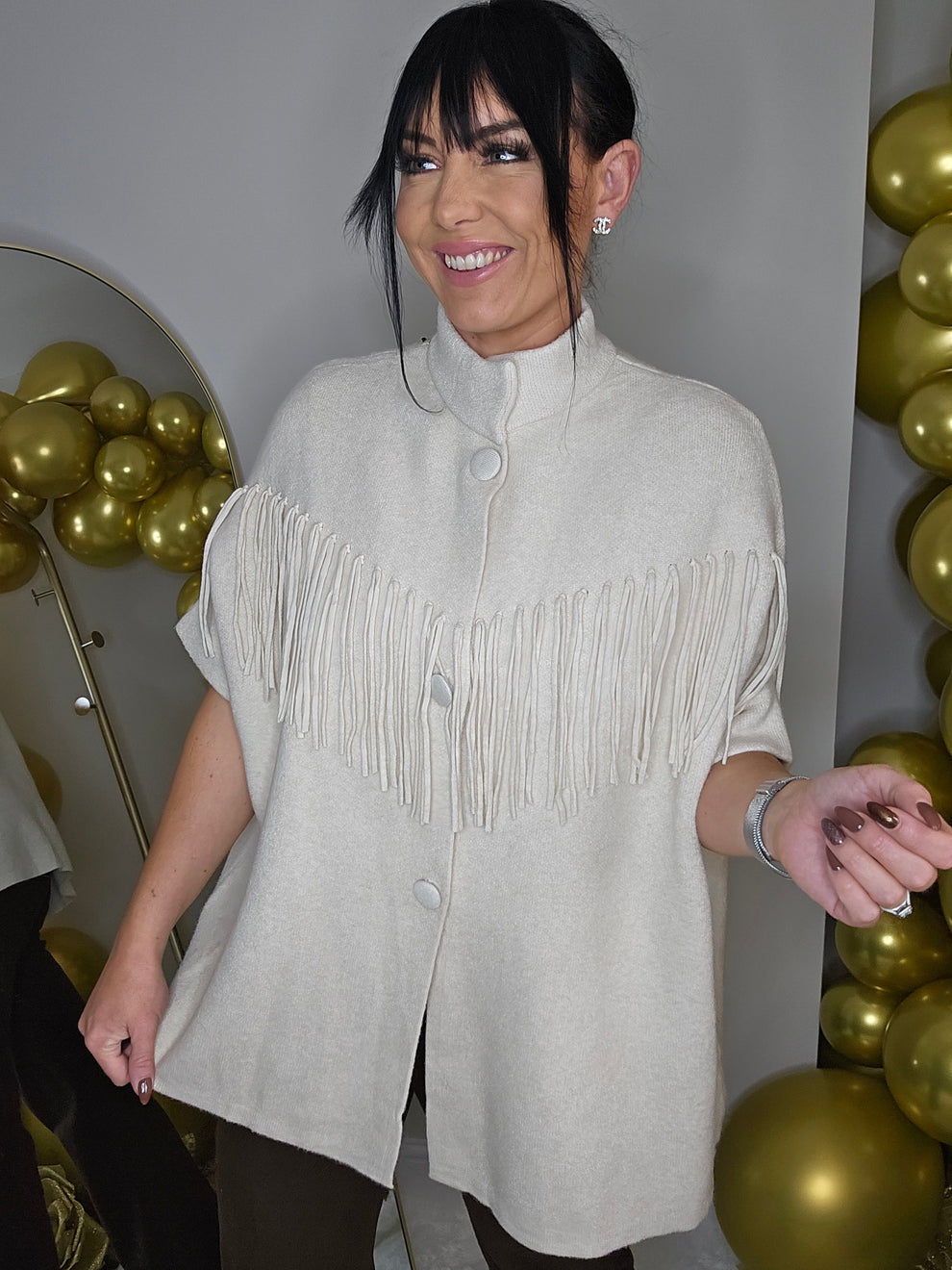 Broadway Fringed Cosy Knit Jacket - Cream - (Oversized - fits Size 14 to Size 18/20