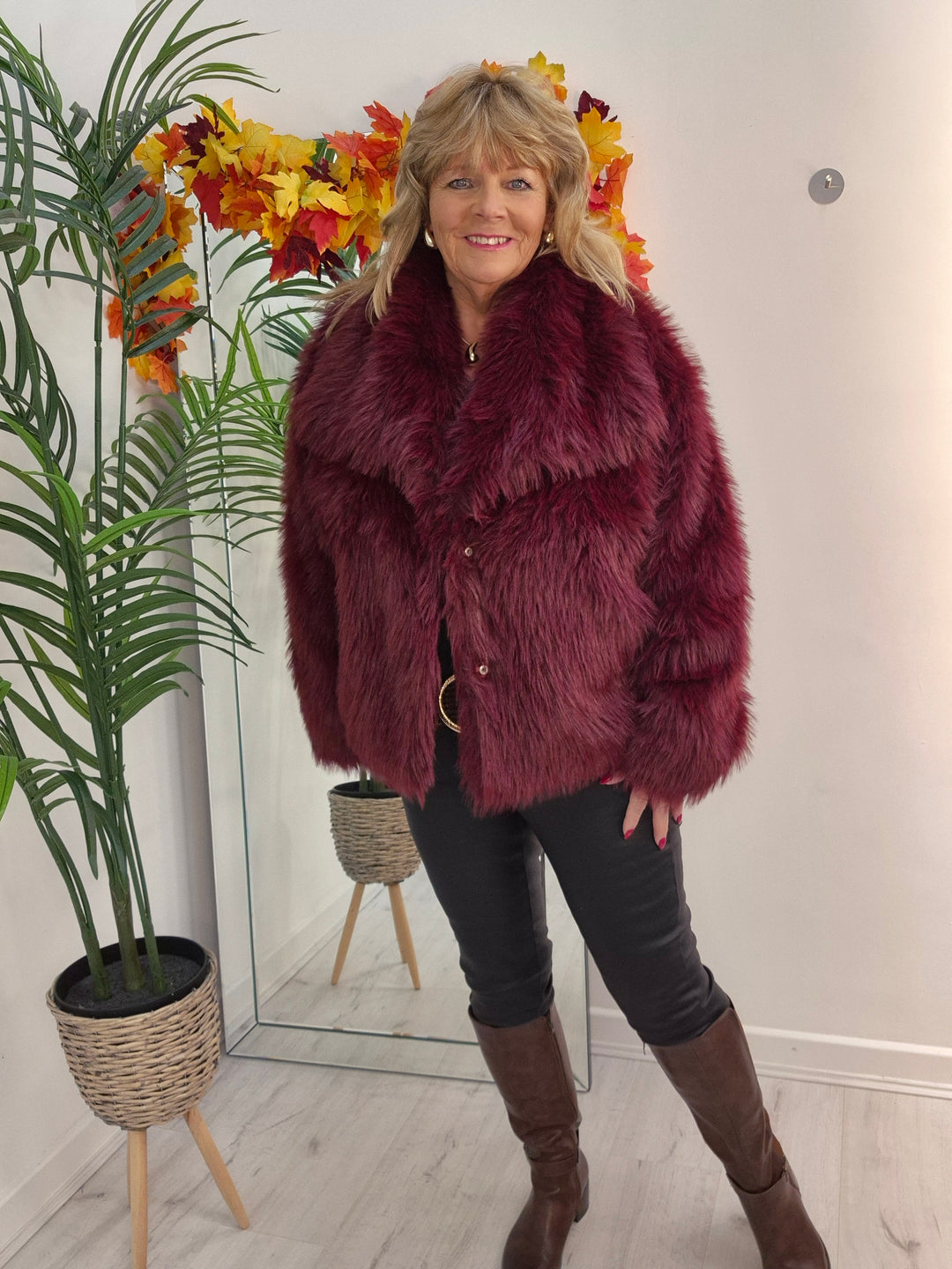 Oslo Faux Fur Shawl Collar Jacket - Wine (One Size/Curvy - fitting from Size 14 up to Size 18)