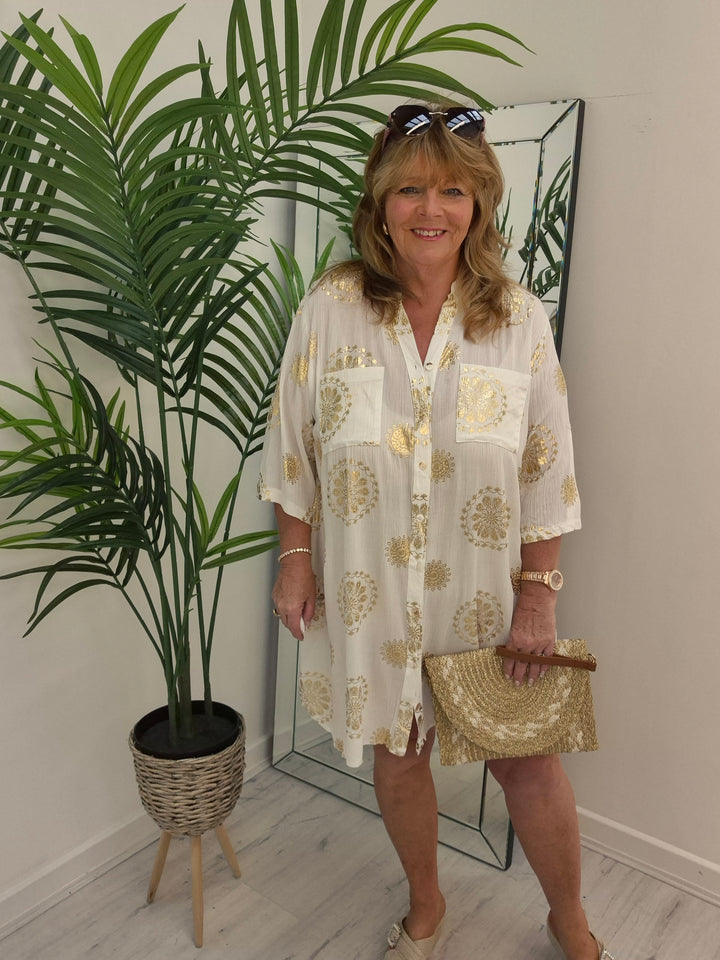 Ibiza Florals Shirt Dress - (Loose Fit) - White/Gold