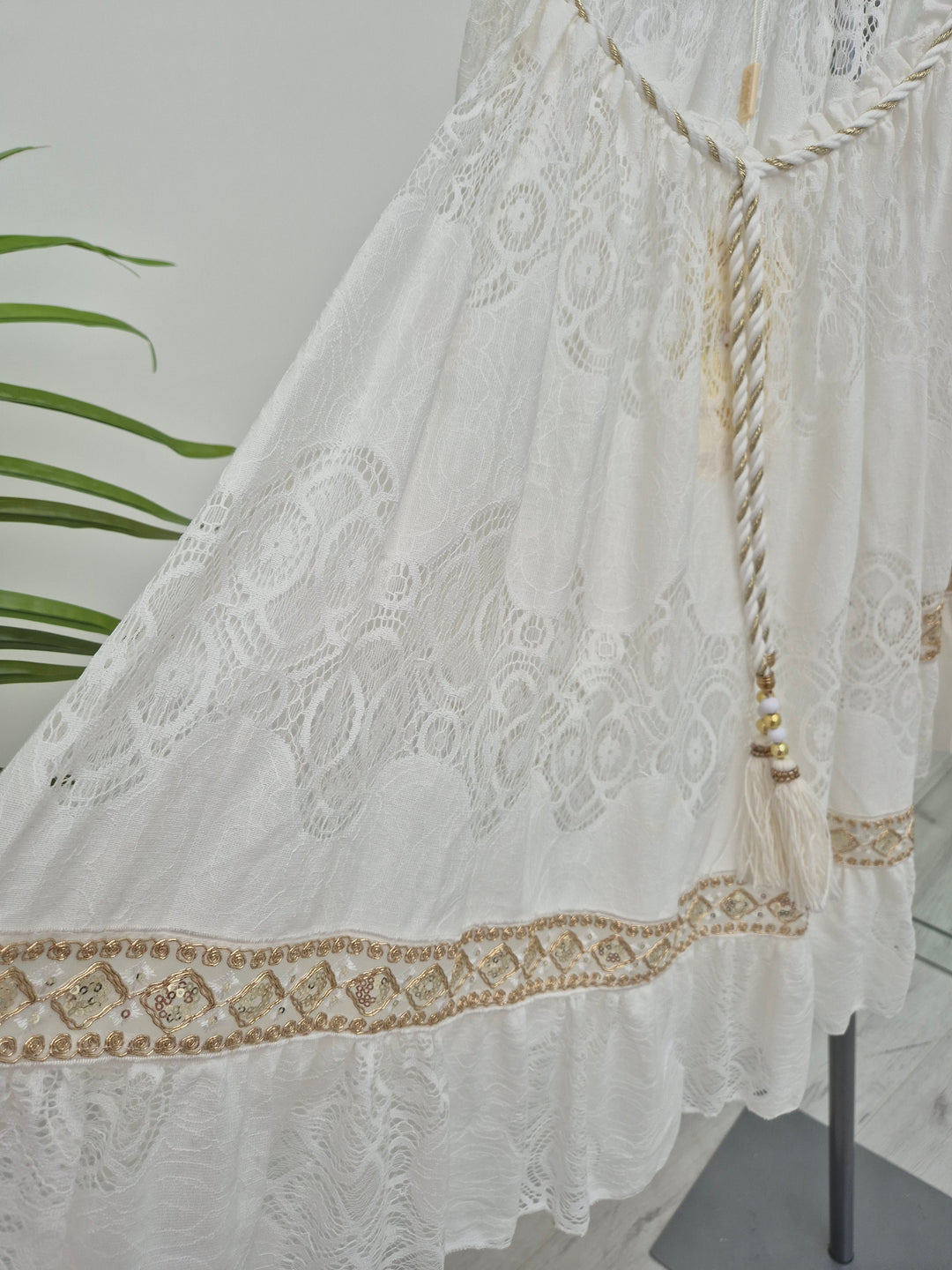 Ibiza Strappy Dress with Cold Shoulder - White/Gold (One Size, fits from Size 10 up to Size 16)