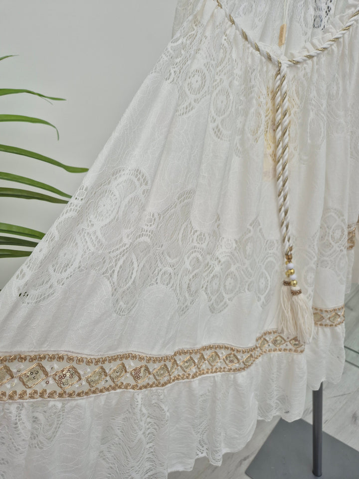 Ibiza Strappy Dress with Cold Shoulder - White/Gold (One Size, fits from Size 10 up to Size 16)