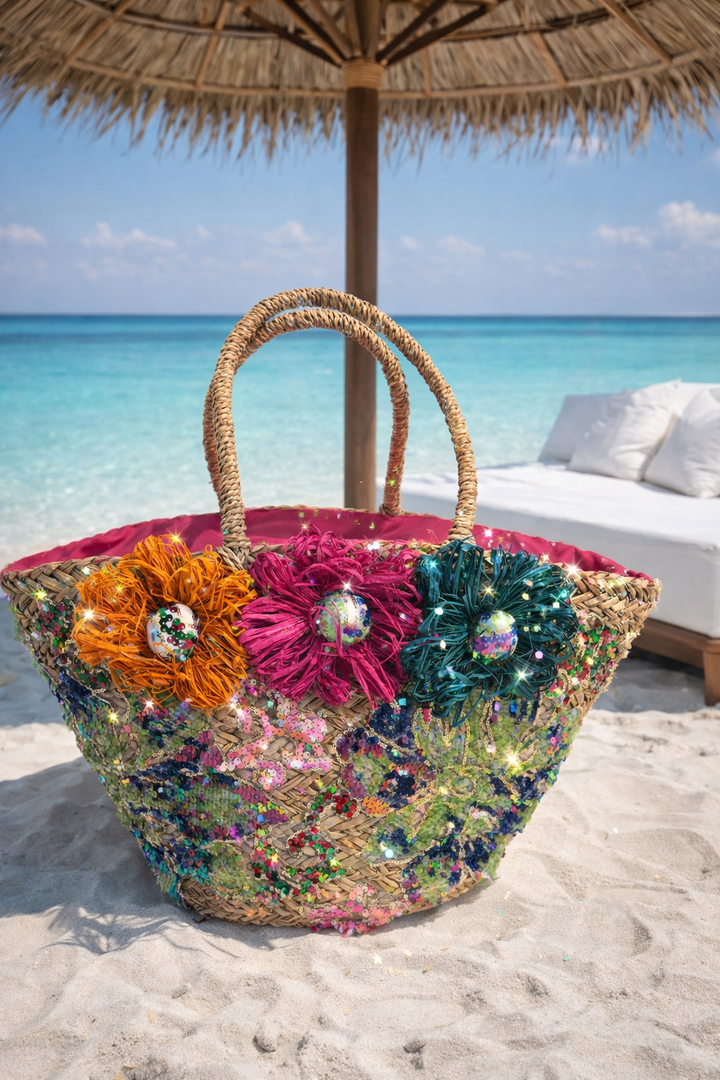 Raffia Sequin Beach Bag (Zipped)
