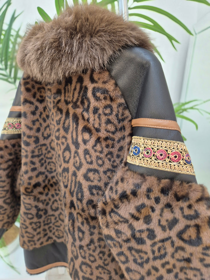 Oslo Faux Fur/Faux Leather Jacket - Chocolate Leopard - (Oversized fits Size 12/14 to Size 18/20/20)