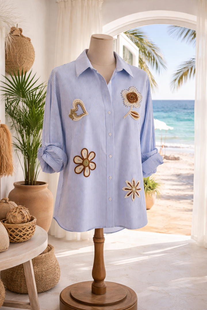 Zeta Otto Oversized Blouse - Blue Pin Stripe (One Size/Curvy - fits from Size 14 up to Size 18/20)