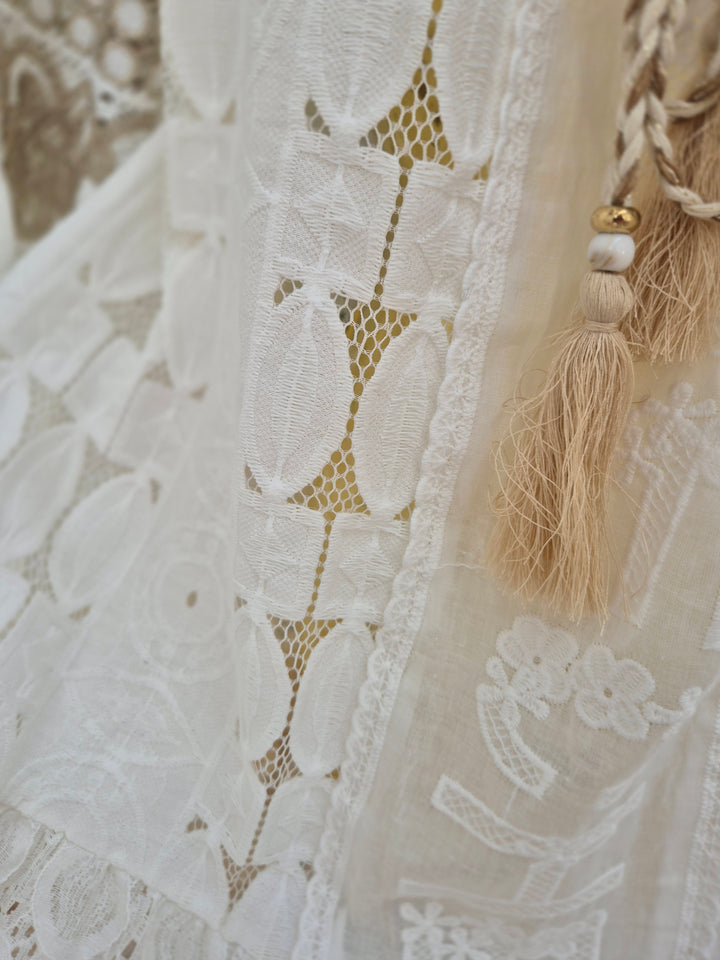 Ibiza Bardot Kaftan/Beach Dress - White/Gold - (Oversized)