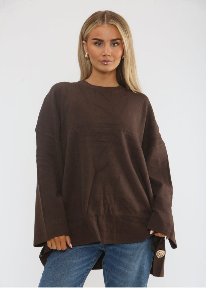Hammersmith Buttoned Hi Lo Oversized Jumper - Chocolate (One Size/Curvy, fits from Size 14 up to Size 18)