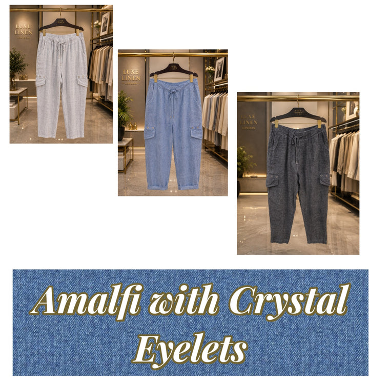 Amalfi Linen Pants with Crystal Eyelets (choose your Colour) -One Size fits from Size 10 up to Size 16