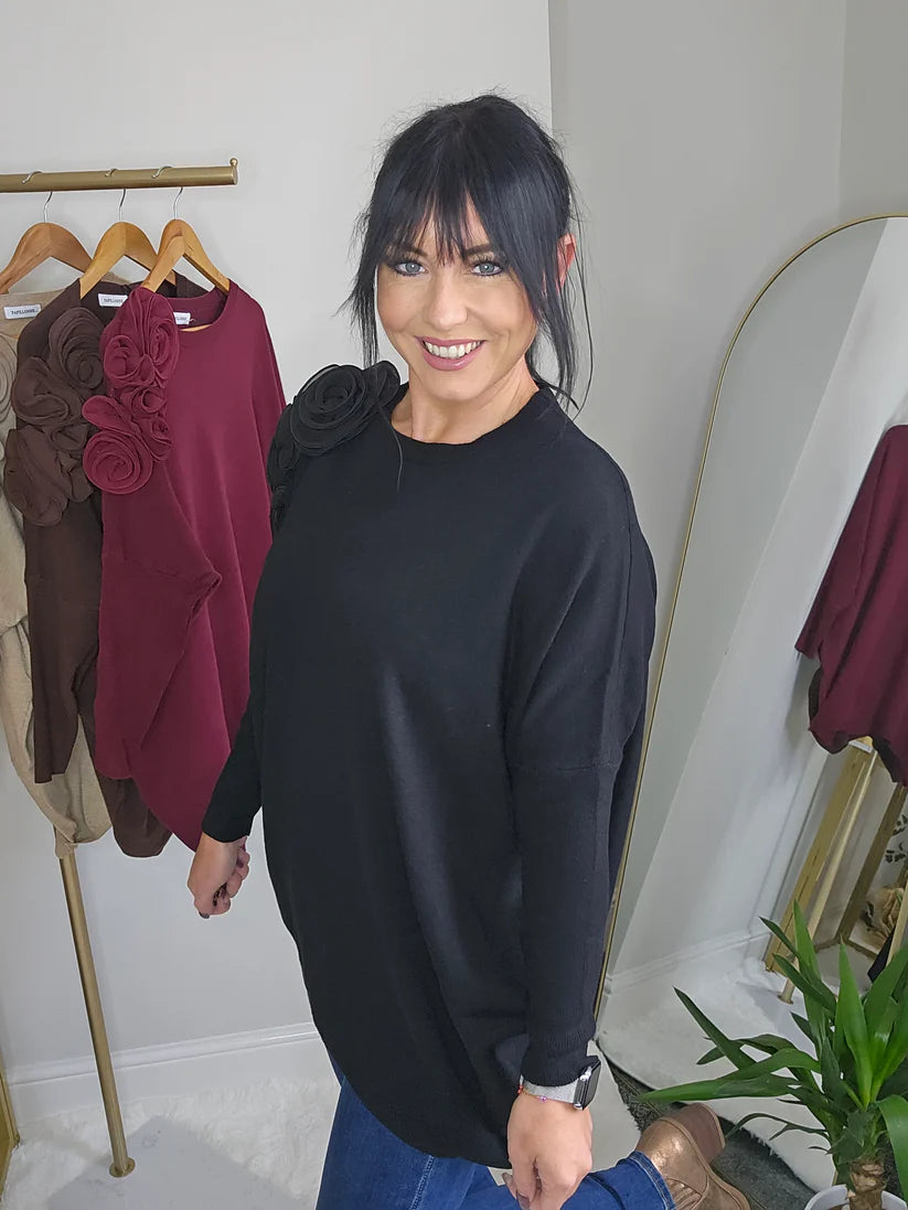 Corsage Oversized Jumper - Black (fitting from Size 14 up to Size 20)