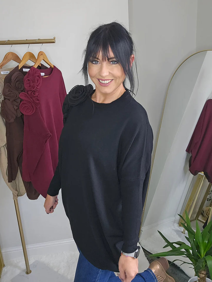 Corsage Oversized Jumper - Black (fitting from Size 14 up to Size 20)