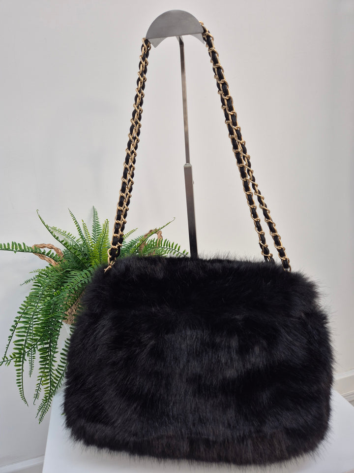 Oslo Faux Fur Bag with Gold Chain Link Dual Handles - Black
